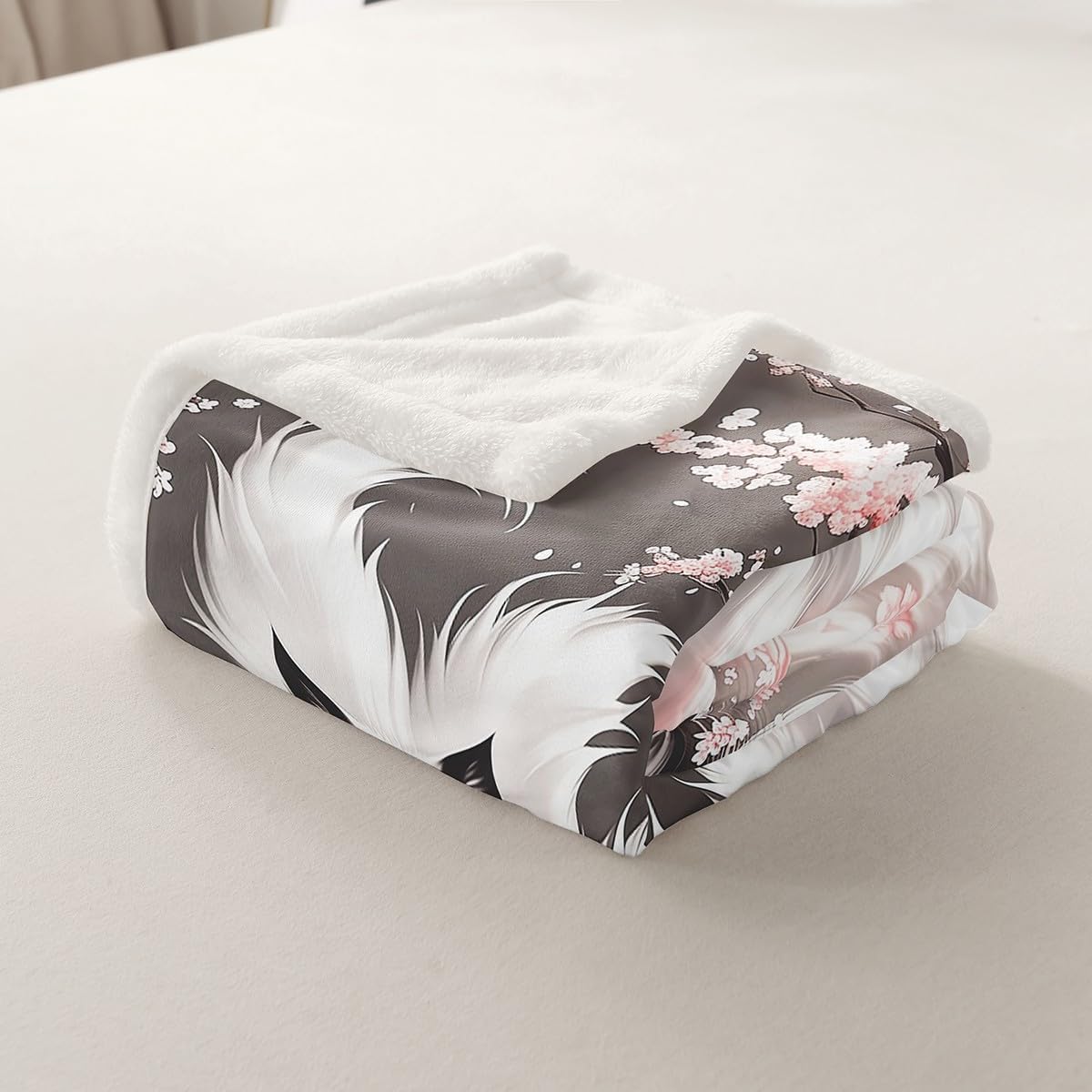 White Fox Bed Blankets,Japanese Style Ukiyo-e Throw Blanket Kids Boys Teen Adult Room Decor,Pink Cherry Blossom Fleece Blanket Wild Animal Sakura Pattern Fuzzy Blanket,50"×60"