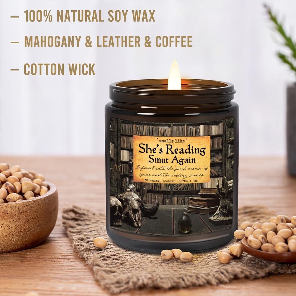 Book Lovers Gifts Smell Like She's Reading Smut Again Candle, Smutty Reading Gifts for Bookworm, Librarian, Funny Birthday Gift for Readers - Smut Candles, Mahogany Leather Coffee Scent Candle 9OZ