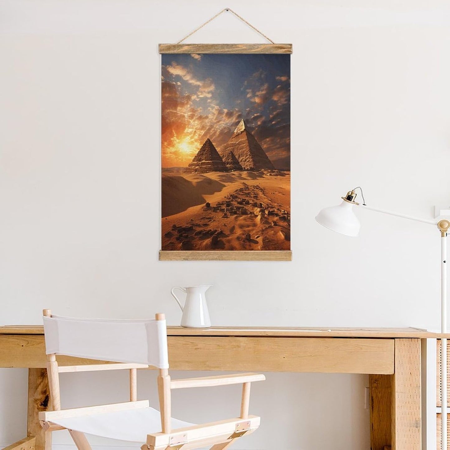 Vintage Egyptian Pyramids Poster with Wooden Frame Personalized Linen Hanging Scroll Painting Rustic Wall Hanging Illustrative Modern Artwork Decor for Home Living Room Bedroom Office