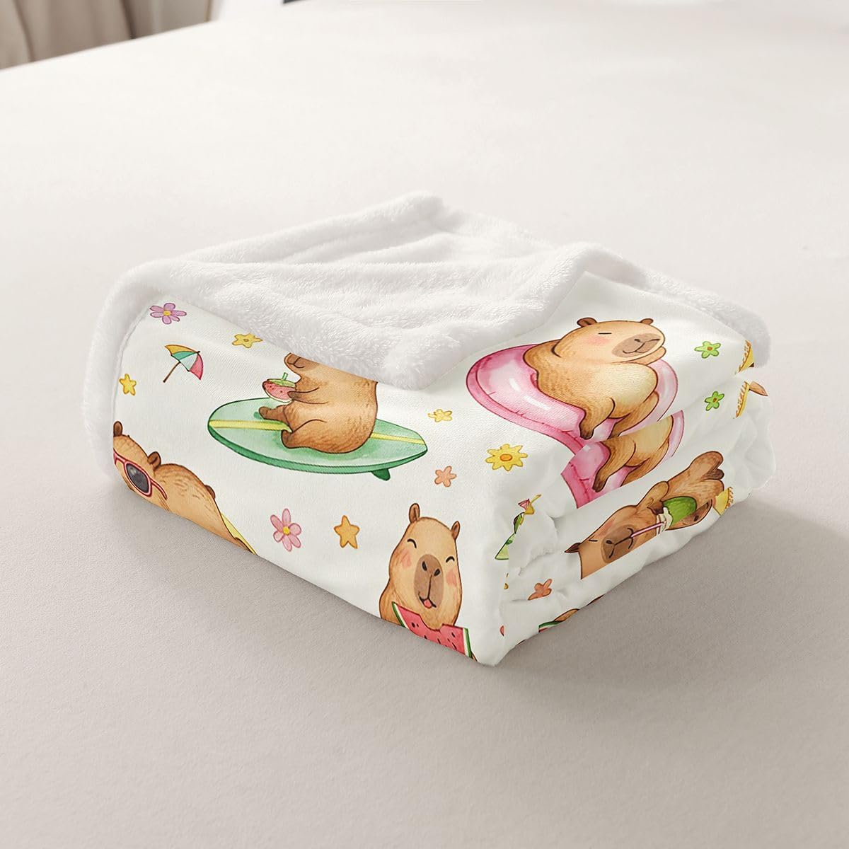 Feelyou Capybaras Sherpa Throw Blanket for Couch Beach Theme Super Soft Cozy Fleece Watermelon Blanket for Winter, Plush Throw Capybara Gifts Throw 50"x60" All Season