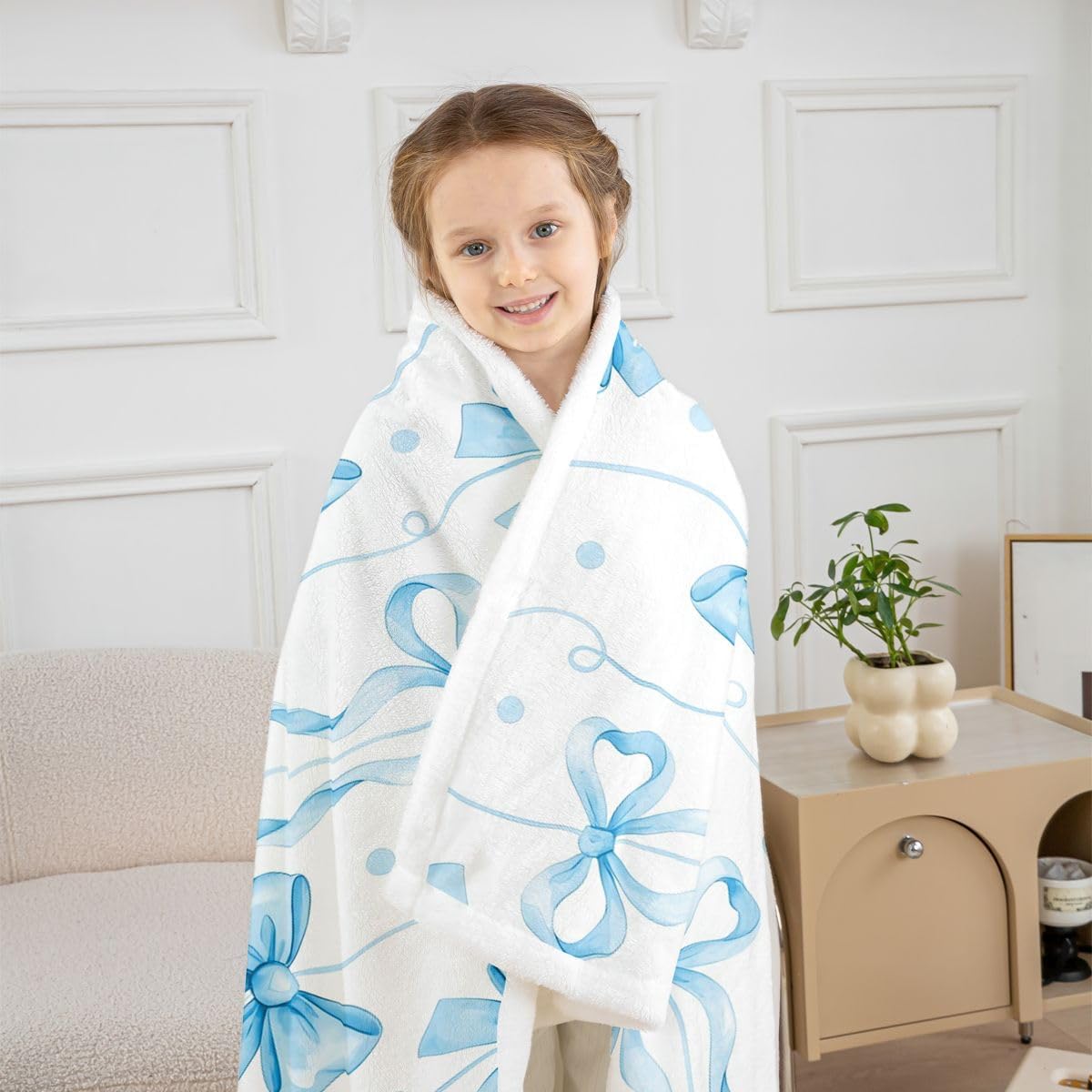 Feelyou Girls Bow Throw Blanket Blue Bowknot Soft Fleece Sherpa Cozy Fuzzy Plush Warm Bow Knot Accent Fuzzy Plush Throw Elegant Girly Design Baby 30"x40" Cute for Bed Couch Living Room