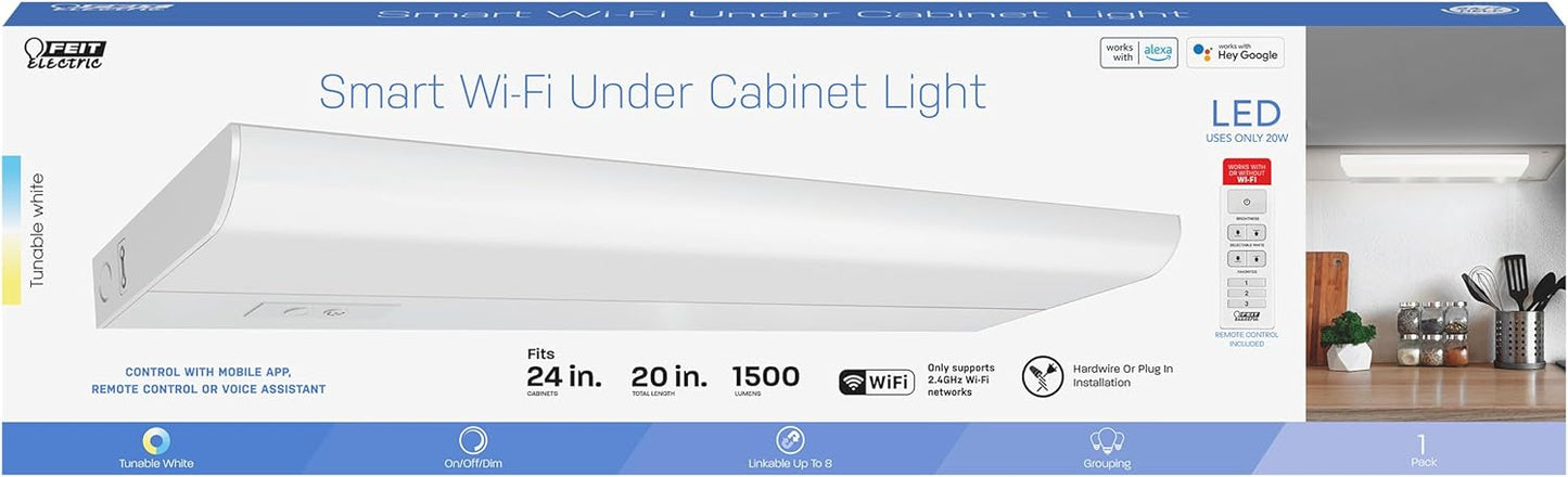 Feit Electric Under Cabinet Lighting 20" LED Light Fixture, Works with Alexa/Google Home, Frost Lens Kitchen Cupboard Night Light, Linkable up to 8, 20 Watts, 90 CRI, 1500 Lumens, White UCL24/CCTCA/AG
