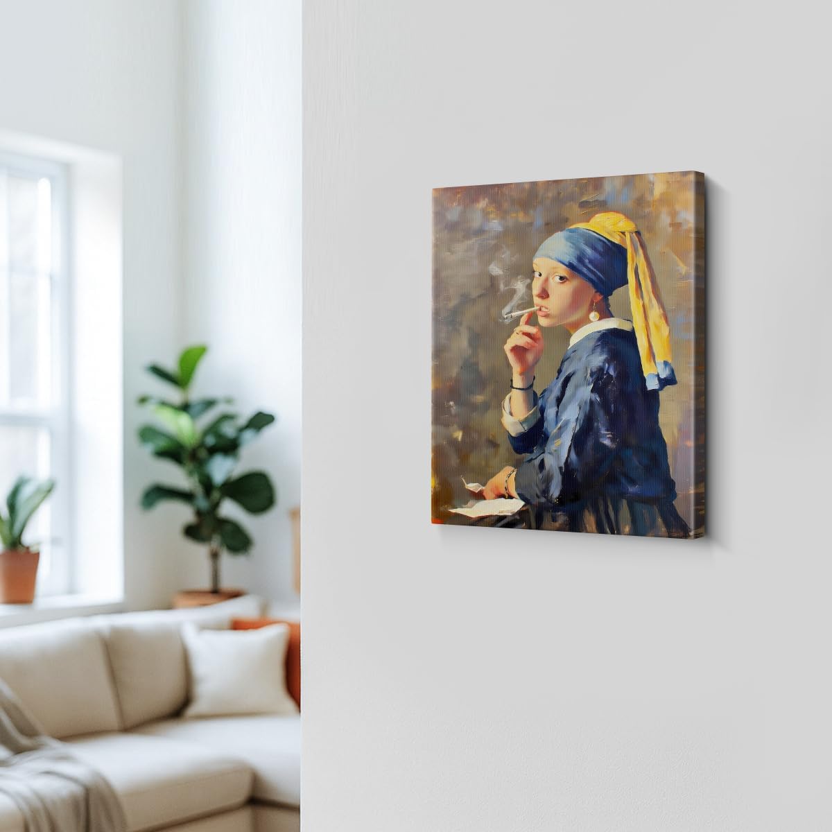 WOXZQ Girl With A Pearl Earring Canvas Wall Art Humorous Smoking Portrait Wall Decor Aesthetic Oil Painting for Bedroom Bathroom Living Room Decor 8x10 Inch