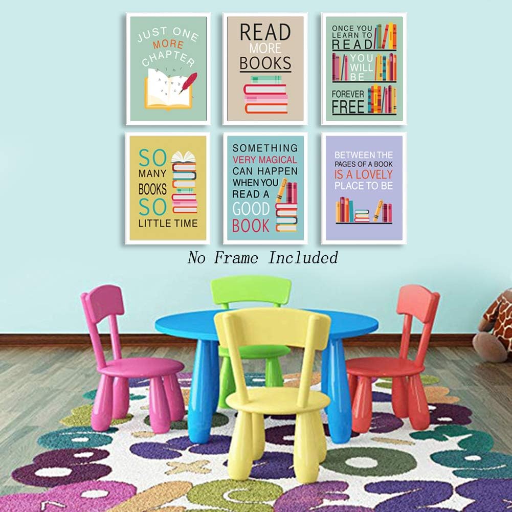 CHDITB Colorful Wall Art Print Inspirational Read Books Quote Artwork,Watercolor Books Art Painting, Set of 6 Art Posters(8" x10) Motivational Saying Canvas Poster For Classroom Library Study Decor