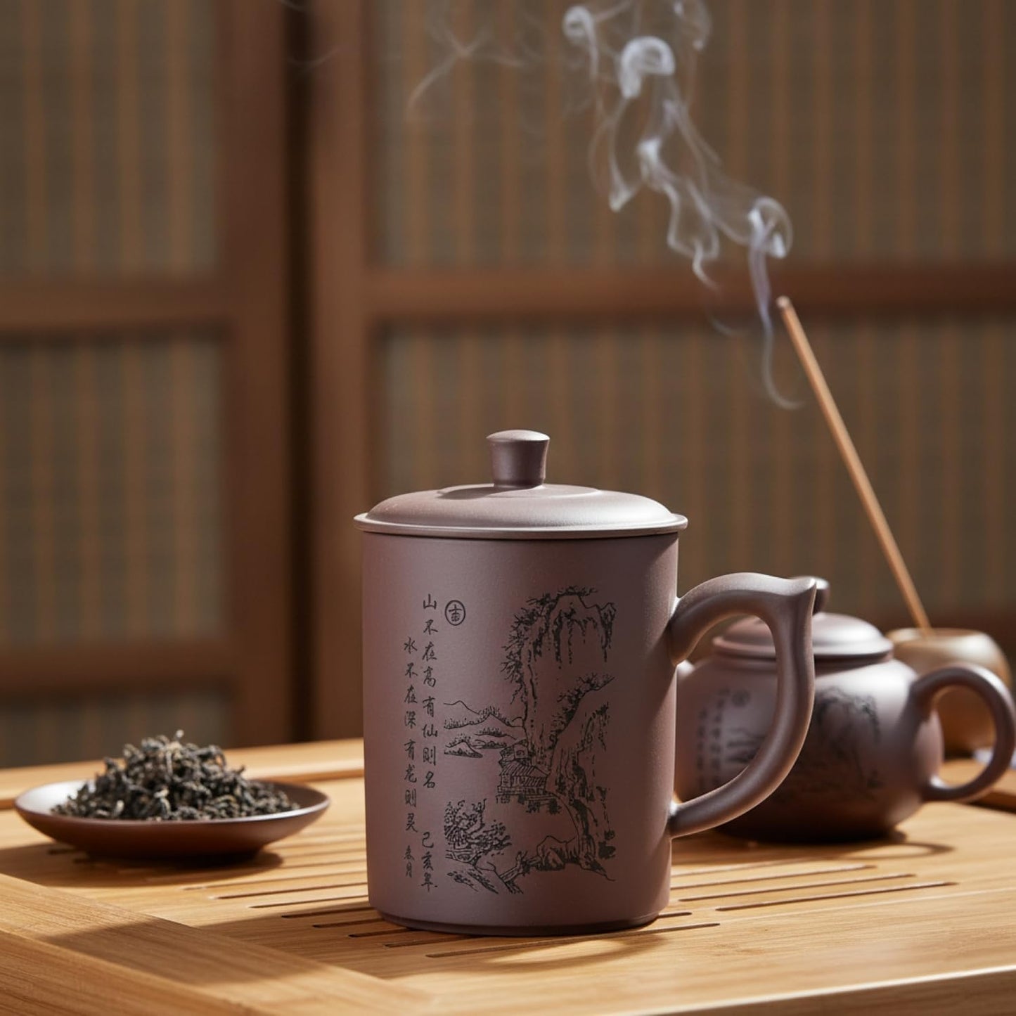 I-MART Chinese Tea Cup Purple Clay Mug with Lid 16 oz Yixing Style Kung Fu Teacup for Loose Leaf Tea Coffee Daily Use with Ergonomic Handle and Traditional Design