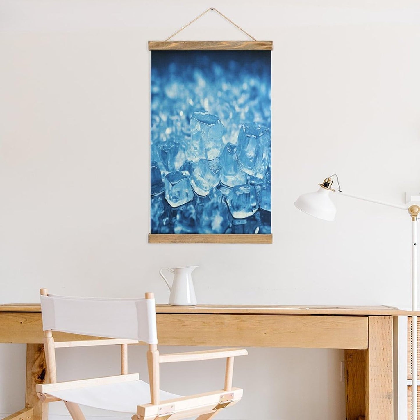 Vintage Blue Ice Cube Background Poster with Wooden Frame Personalized Linen Hanging Scroll Painting Rustic Wall Hanging Illustrative Modern Artwork Decor for Home Living Room Bedroom Office