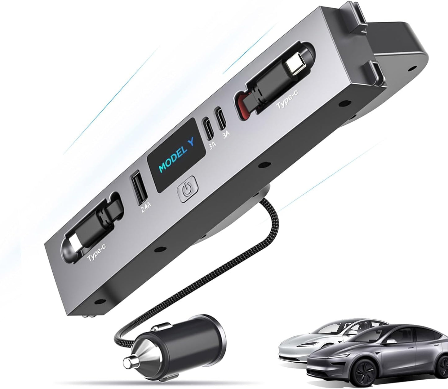 Max 132W Dual Type-C USB Hub, Tesla New Model Y Juniper (2026/2025) Accessories, 5 in 1 Fast Charger for iPhone 16/15 Series, 2-Retractable Cable & 3-Port Docking Station