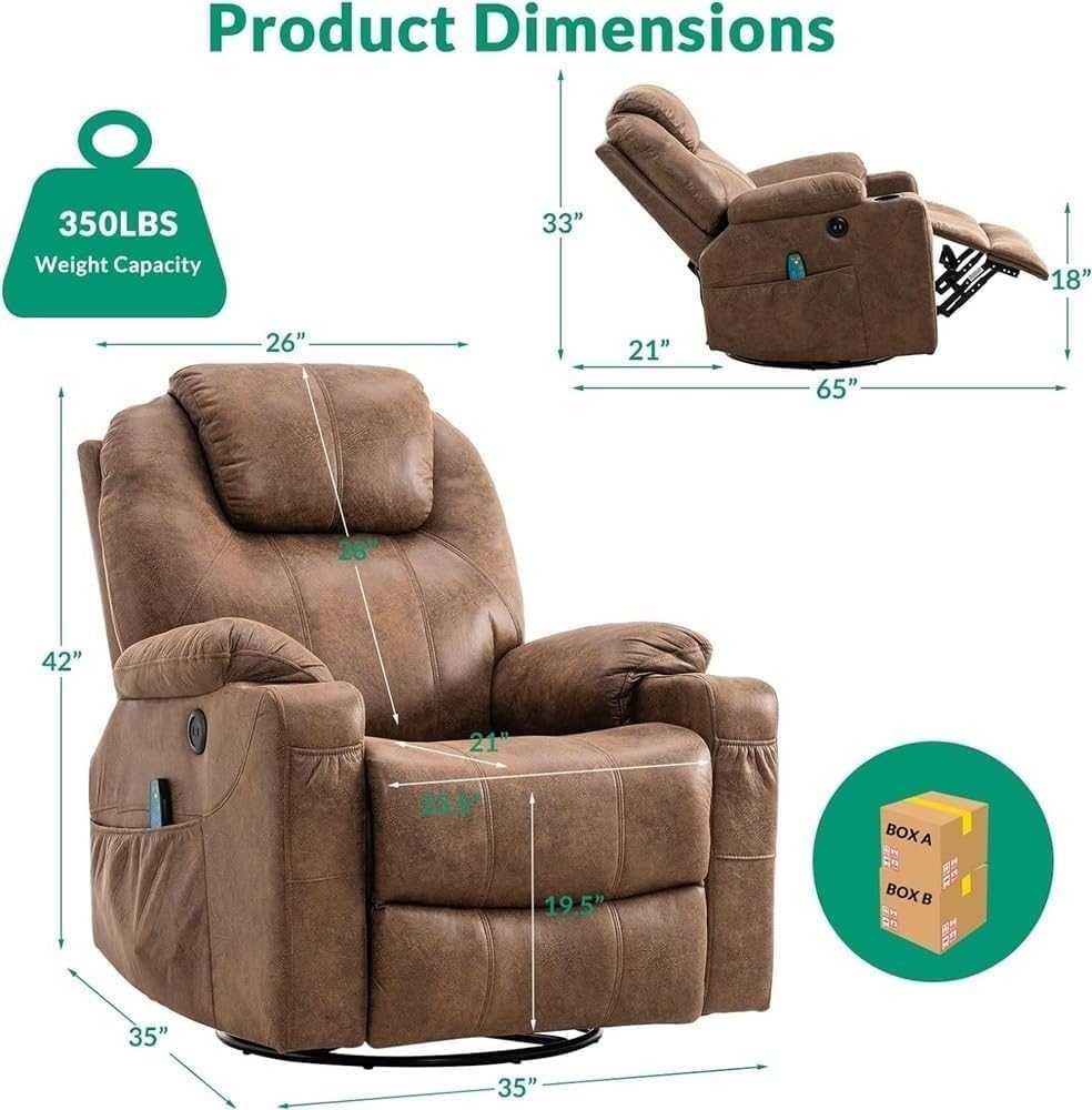 Brown Electric Recliner Chair for Adults & Seniors with Heated Massage, Swivel Glider, Ergonomic Oversized Home Theater Sofa, USB Ports, Cup Holders, and Comfortable Living Room Seat