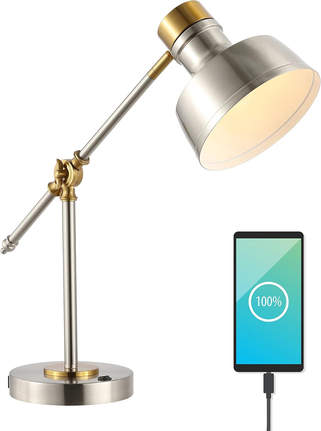 JONATHAN Y 18.5" Nickel/Brass Gold Adjustable Cantilever LED Task Lamp with USB Charging Port, Vintage Farmhouse Desk Lamp for Home Office Reading, Metal Shade (JYL7124B)