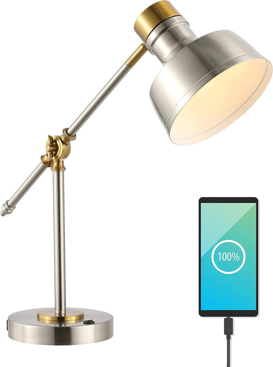 JONATHAN Y 18.5" Nickel/Brass Gold Adjustable Cantilever LED Task Lamp with USB Charging Port, Vintage Farmhouse Desk Lamp for Home Office Reading, Metal Shade (JYL7124B)