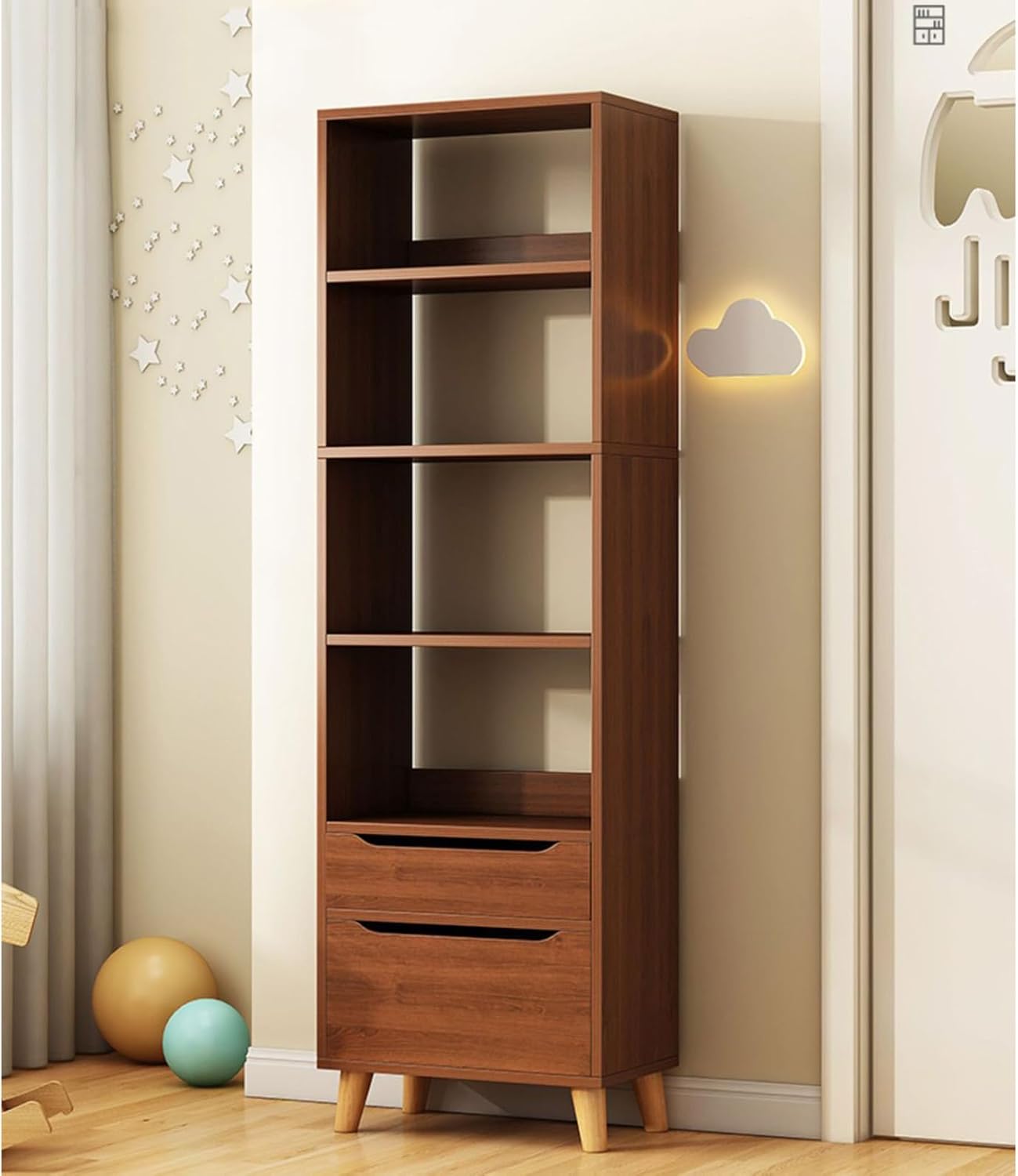 71" Tall Wood Bedside Table, Free Standing Open Shelf Bookcase with Drawers, 4 Tier Bookshelf Narrow Nightstand with Storage Shelves for Bedroom,living Room,Offices(40x24x180cm(16x9x71"), White)