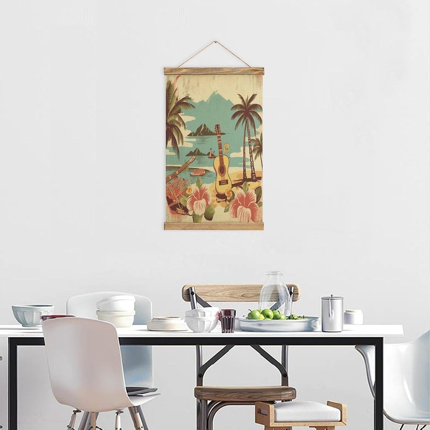 Vintage Vintage Hawaii Poster with Wooden Frame Personalized Linen Hanging Scroll Painting Rustic Wall Hanging Illustrative Modern Artwork Decor for Home Living Room Bedroom Office
