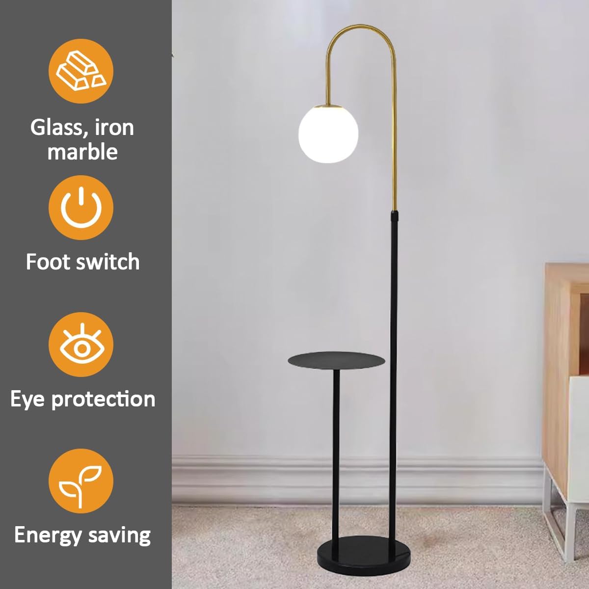 Globe Modern Floor Lamp Black Floor Lamp Height Adjustable Standing Lamps with Table & Marble Base Minimalist Metal Standing Reading Pole Lamp for Bedroom Home Decor