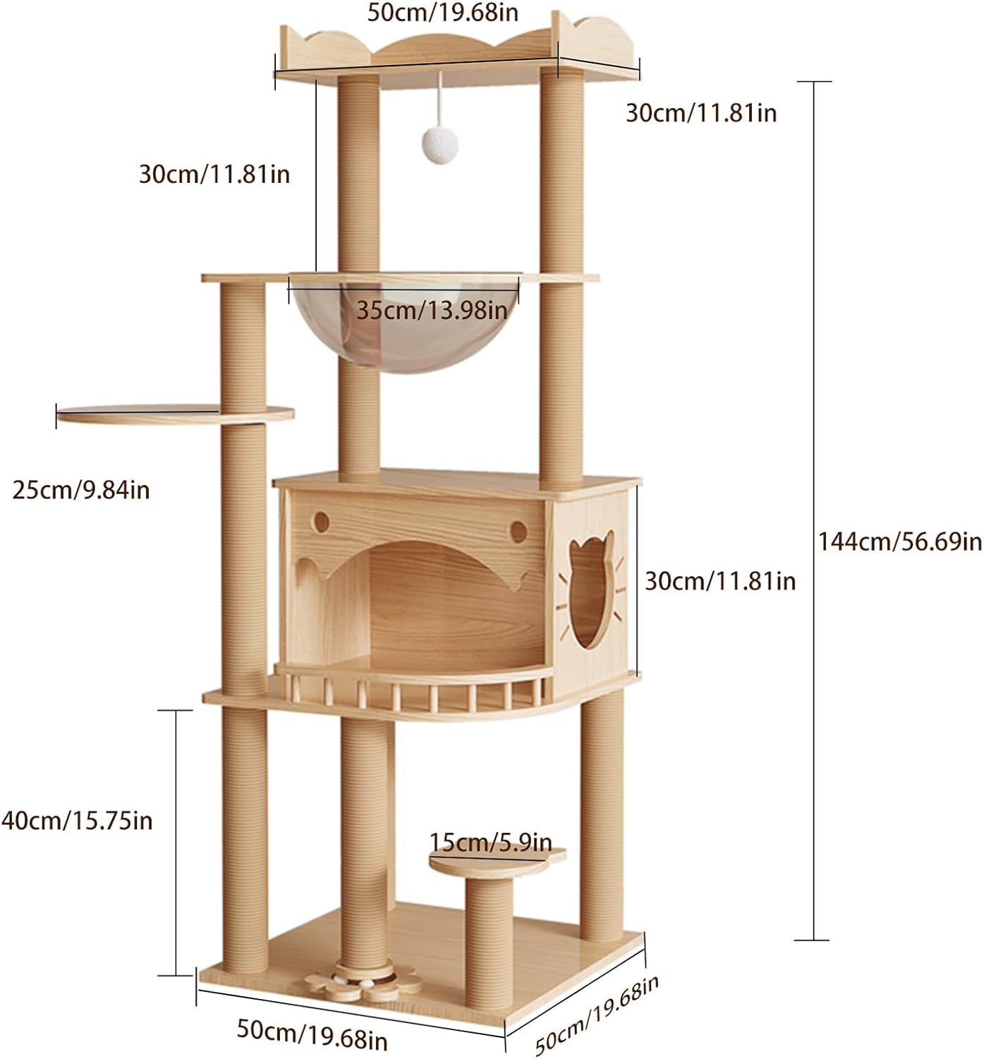 KVIDA Solid Pine Wood Cat Tree for Indoor Cats, 56.7” Tall Modern Cat Tower with Clear Acrylic Hammock & Condo House, Heavy Duty Wooden Cat Tree for Large Cats with Sisal Scratching Posts