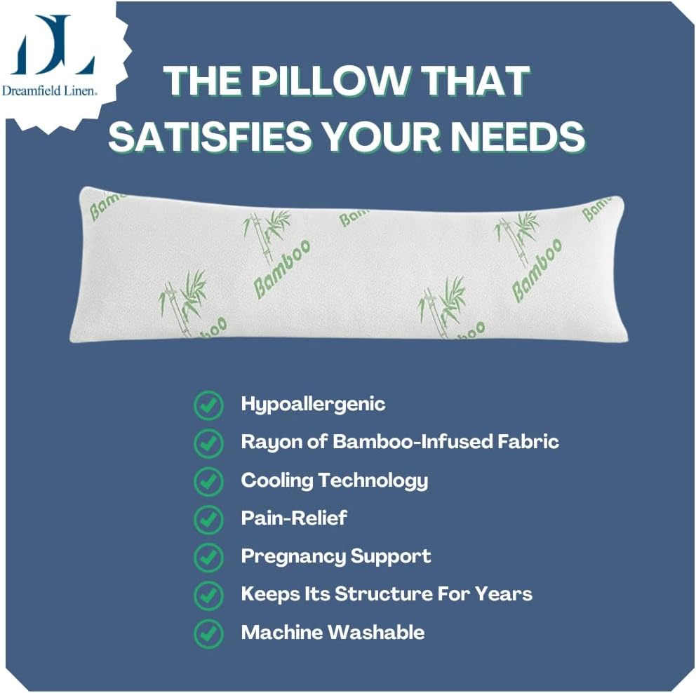 Body Pillow Bamboo Rayon - Side Sleeper, [Adjustable] Shredded Memory Foam Full Body Support Cooling Pillows, Ultra Soft Removable and Washable Hypoallergenic Cover with Zipper, Long Huggable Pillow