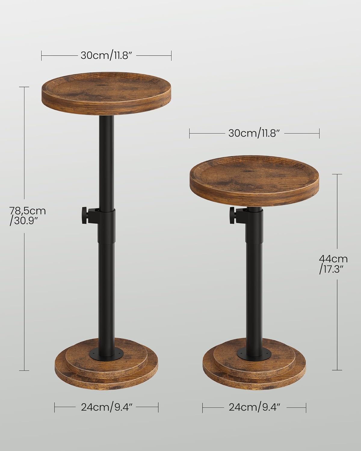Small Round Side Table, Height Adjustable Drink Table, Pedestal Martini Table with Thickened Base, for Small Space, Sofa, Living Room, Bedroom, Rustic Brown and Black TBZ31BF