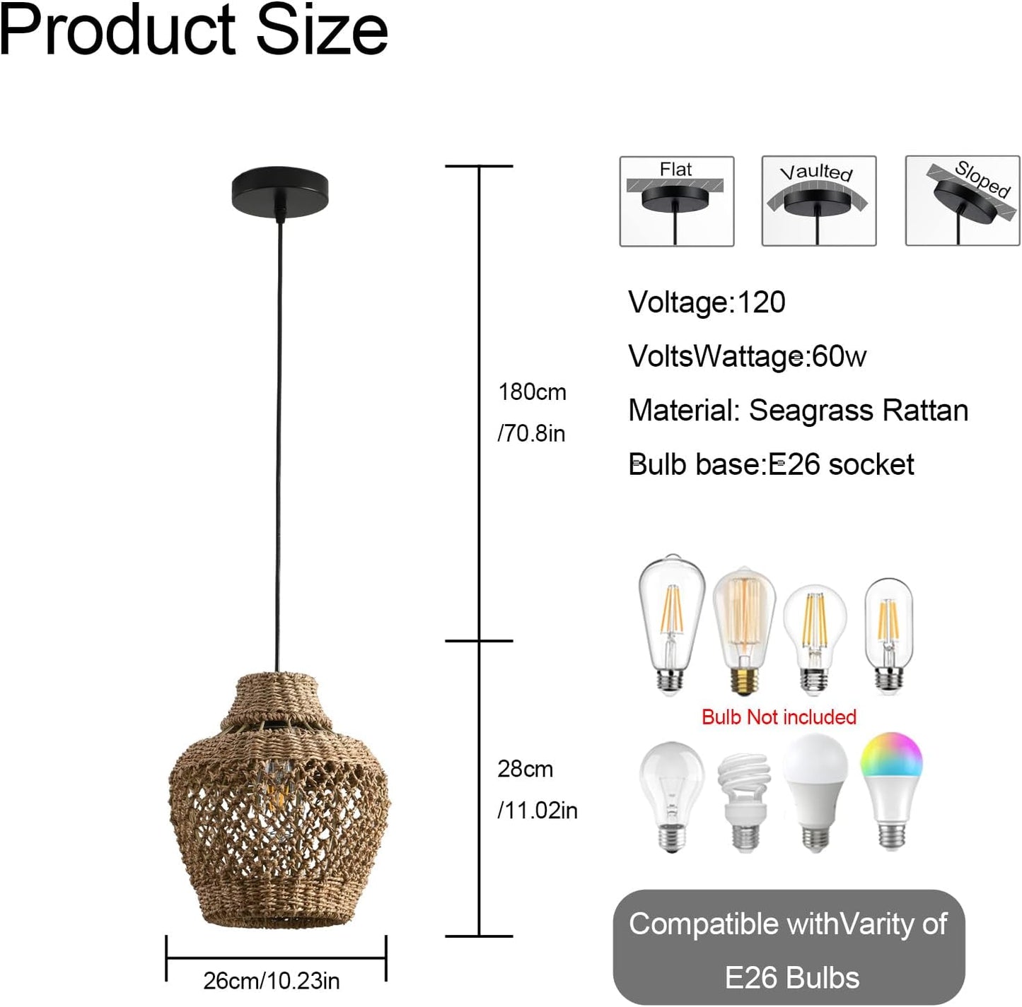 Rattan Pendant Light Fixtures,11.02" Boho Rattan Pendant Light,2-Pack Hand Woven Seagrass Chandelier for Workplace Occasions Restaurants Dining Living Bedroom Kitchen Farmhouse