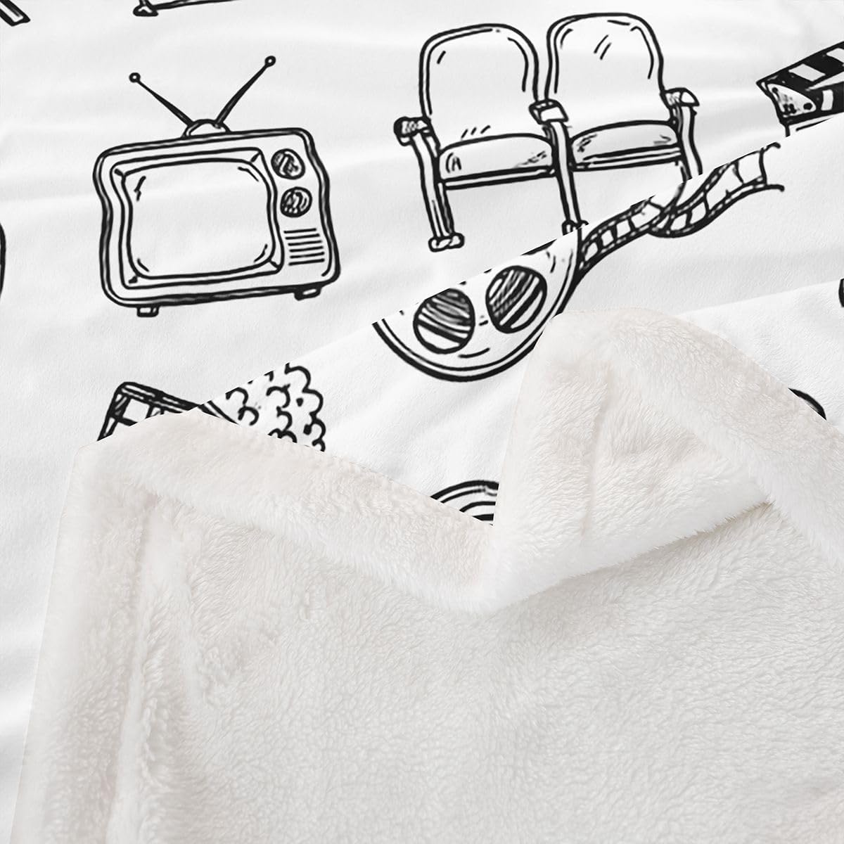 Feelyou Cinema Pattern Throw Blanket White Line Art Movie Soft Fleece Sherpa Cozy Fuzzy Plush Warm Retro Cinema Aesthetic Fuzzy Plush Throw Cute Movie Queen 90"x90" for Bed Couch Living Room