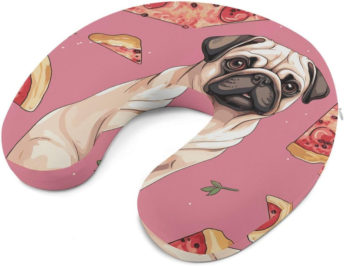 Pug Pizza Pink Neck Pillow Memory Foam U Shaped Pillows Portable Pillows for Shoulder Travel Head Support Pillow with Concealed Zipper for Airplane Car Home Office