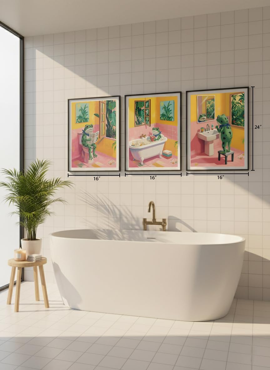 3 Piece Funny Frog Bathroom Wall Art, Unframed Whimsical Pink & Yellow Canvas Prints, Cute Animal Core Morning Routine Decor for Kids & Guest Restroom - Reading, Brushing Teeth, Bathing Scenes