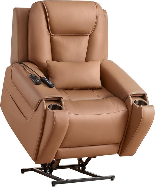 Large Power Recliner Chair for Seniors, Breathable Leather Electric Recliner with 2 Concealed Cup Holders, Infinite Position Lounge Sofa with USB Ports & Pockets, Brown