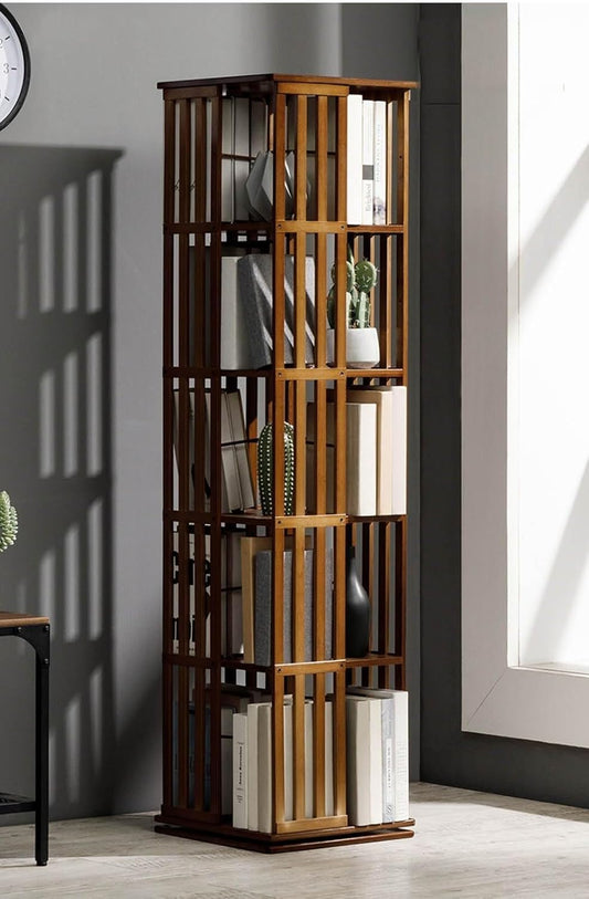 5-Tier Rotating Bamboo Bookcase - 360° Bookshelf Tower, Freestanding Storage Organizer for Bedroom, Living Room, Office - Stylish Corner Cabinet Book Rack
