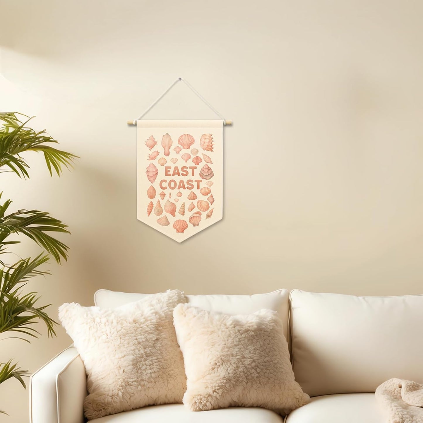 Pink East Coast Seashell Girly Room Decor, Coastal Beach Ocean Kids Banner Canvas, Preppy Sea Nursery Wall Hanging Frame Decor Art Pennant Flag for Beachy Toddler Room Playroom Dorm 11x15in