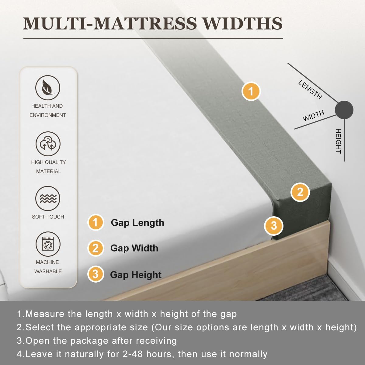 Bed Gap Filler/Mattress Space Filler, Mattress Extender for Twin/Full/Queen/King Bed, Close Gap(0-12") Between Mattress and Headboard or Wall, Stop Losing Your Pillows(Dark Gray-LxWxD-60*6*6in)