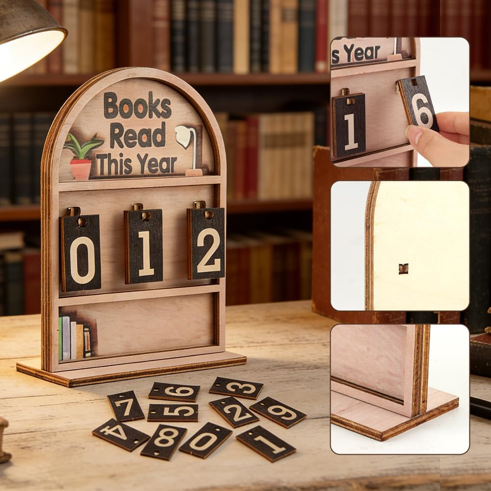Books Read This Year Counter, Books Read This Year Sign with Stand and Bookmark, Book tracker for Reading Goal Bookshelf Decor, Gift for Teachers, Librarians, Readers(COLOR:wood)