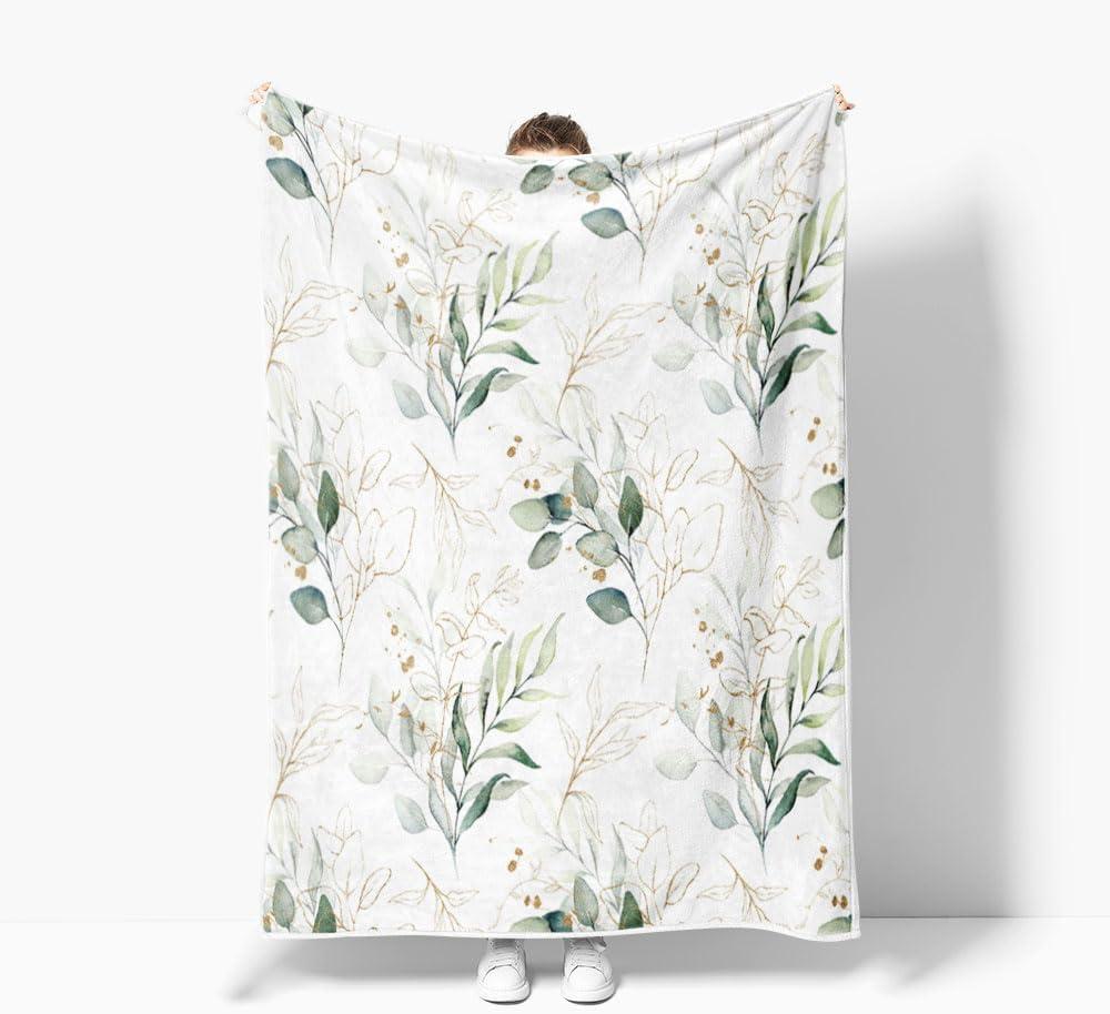 Eucalyptus Leaf Blanket, Botanical Plants Throw Blanket, Soft, Flannel, Warm, Watercolor Floral Throw Blankets Green Botanical Floral Aesthetic Bed Blankets for Couch Bedroom Living Room 60X80 Inch