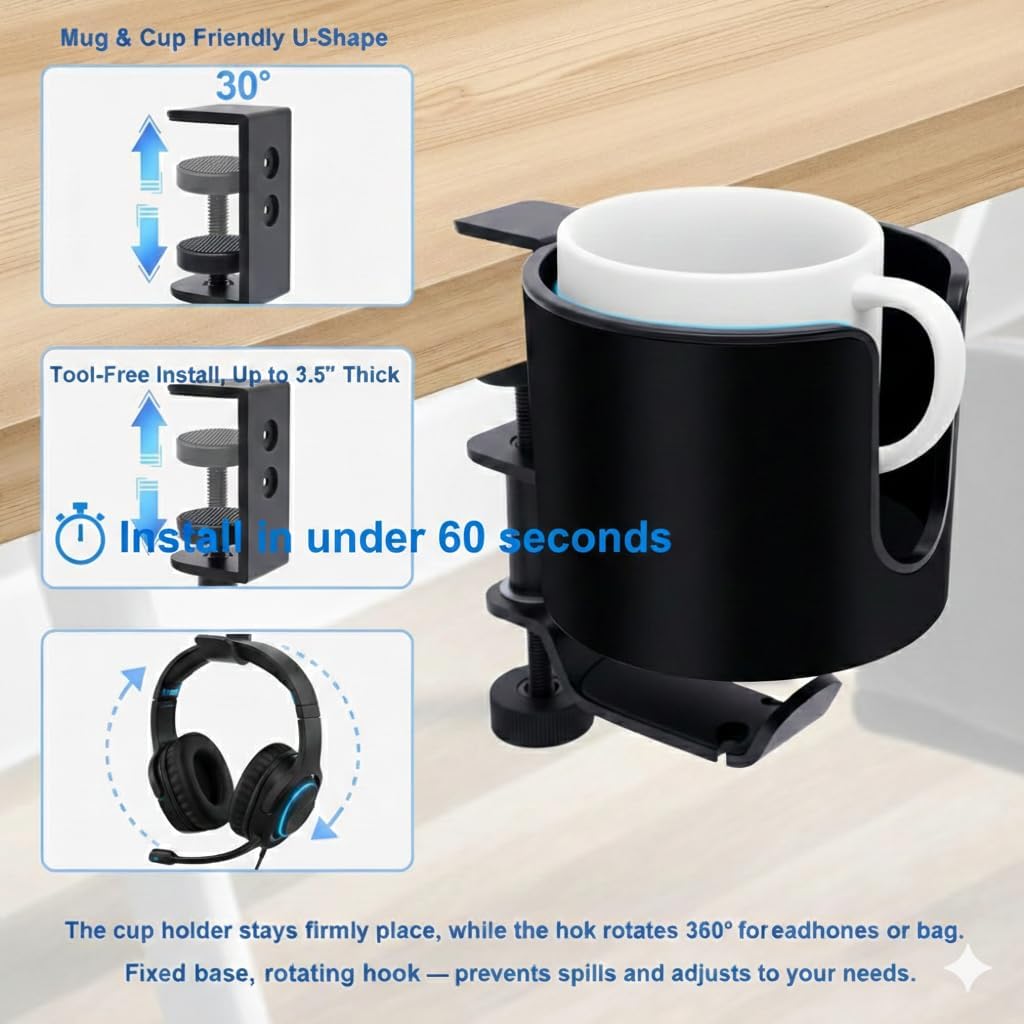 Clamp-On Desk Cup Holder with 360° Rotating Hook – Anti-Spill Drink Holder with No-Scratch Silicone Pads, Fits Mugs & Tumblers – for Home Office, Gaming, Camping & Outdoor Tables