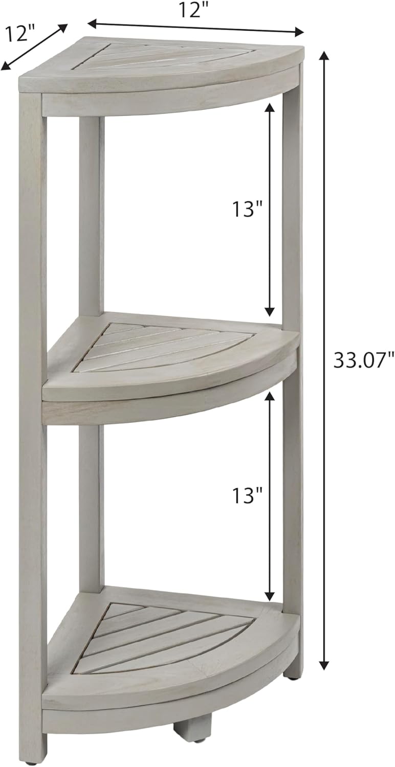 happimess SHF1000G Sela 33" Classic Minimalist 3-Tier Acacia Wood Freestanding Bathroom Corner Shelf, Shower Organizer, Storage Rack for Bath, Office, Kitchen Desktop, Gray