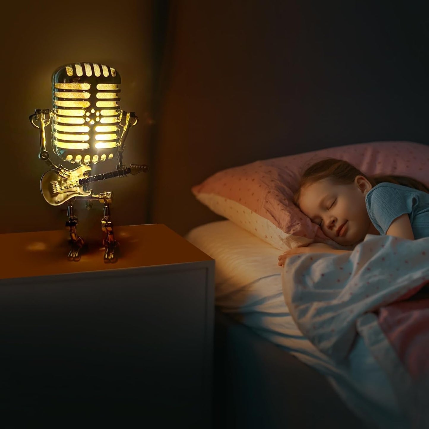 Vintage Microphone Guitar Robot Lamp, Music Gifts for Men, Cool Gifts for Music Lovers, Vintage Light Home Decor Nightstand Desk Lamp for Bedroom, Music Studio (Red)