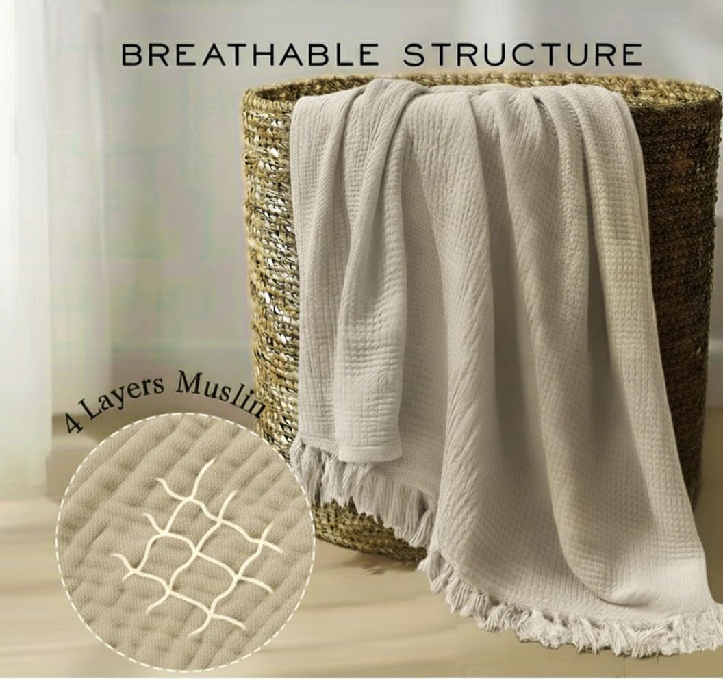 KyraHome 100% Organic Cotton 90"x104" King Size Muslin Blankets for Adults, Kids, Pre-Washed Plant Dyed, Breathable Cozy Gauze Bed Blanket, All Season (Oatmeal Khaki)