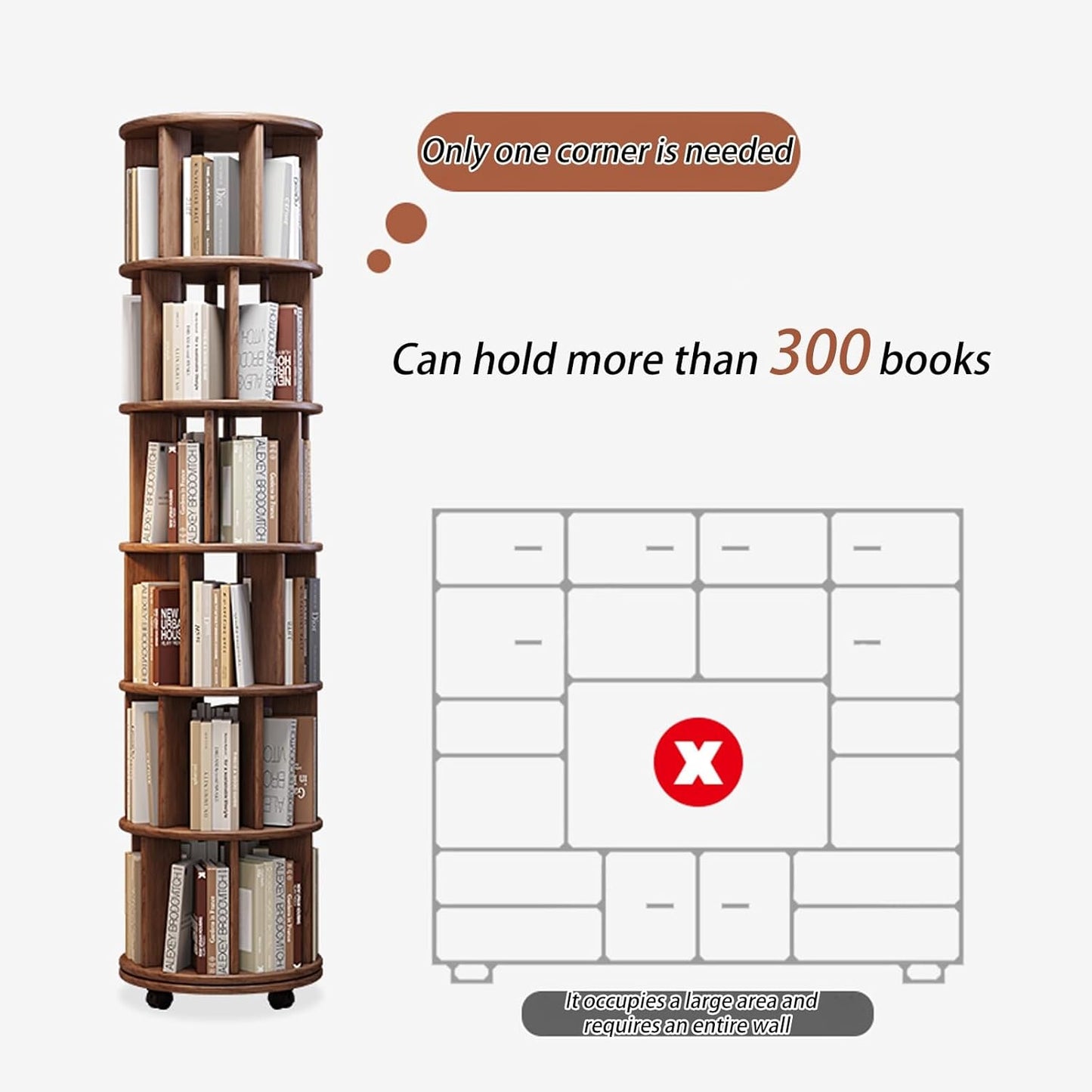 Tall Skinny Bookshelf, Bookcase on Wheels, Corner Display Shelves, Wooden Rotating Bookcase Shelves Floor Freestanding for Living Room Corner, for Home Office Decor (Color : Walnut color, Size : 6 l