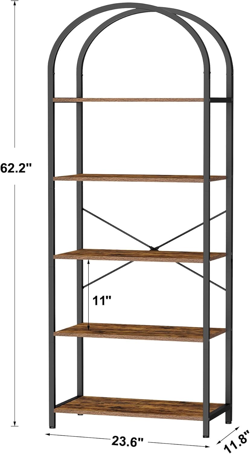 Homhedy 5-Tier Bookshelf Arched Display Racks, Wood and Metal Bookcase, Tall Bookshelf, Industrial Display Standing Shelf Unit, for Home Office, Living Room, Bedroom, Bathroom, Rustic Brown