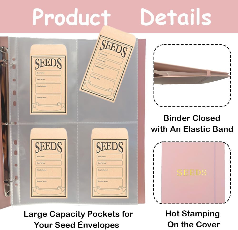 Seed Storage Organizer Binder,3 Ring Seed Packet Organizer with 100 Pockets(25 Pack Clear Sheet Protectors), Garden Seed Holder Book for Envelopes, Seed Saving Keeper, Pink