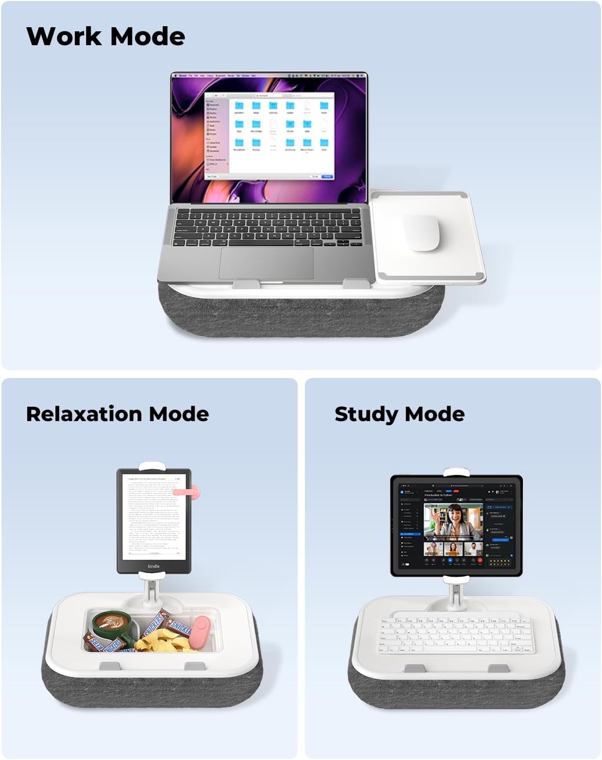 Viozon Kindle Pillow Stand Holder, Phone Holder for Bed, Laptop Lap Desk with Mouse Pad,Compatible with 4.7-13" Kindle/Tablet/Phone,10-15" Laptop, Snack Bowl&Cup Attachment&Detachable 360°Stand Arm