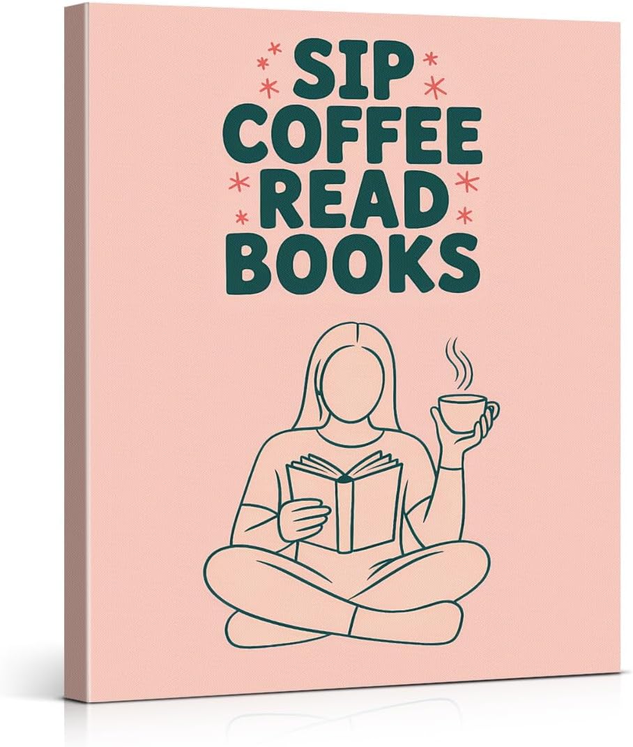 Coffee Book Lover Wall Art Print - Minimalist Coffee Reading Poster Artwork - Aesthetic Wall Decor for Study Room Reading Corner Library Cafe 8x10 Canvas Framed