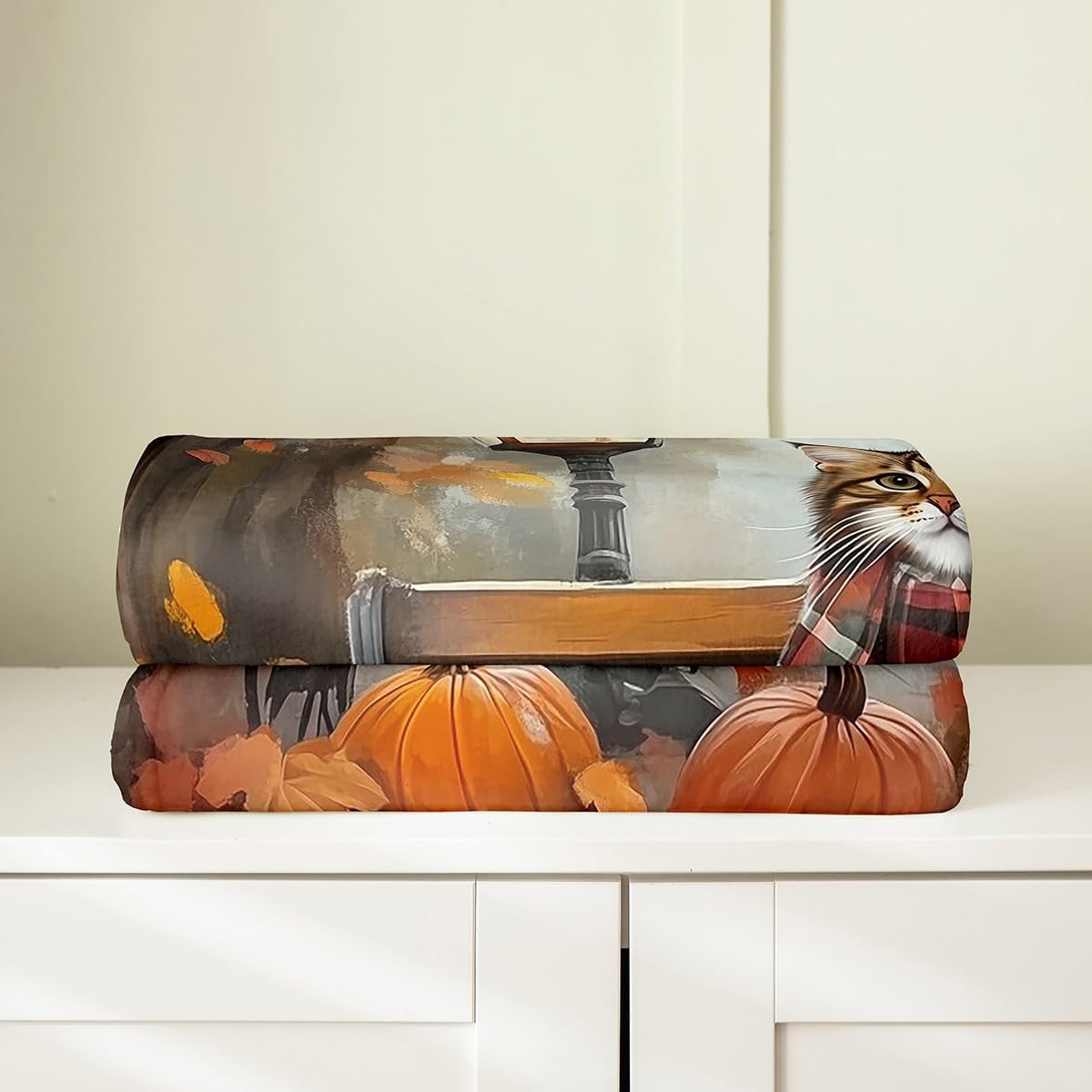 Manfei Hello Fall Flannel Blanket Cute Cat Pumpkins Maple Leaves Throw Blanket Autumn Theme Cozy Throws for Bed Couch Sofa,Kids Boys Girls Room Decor,Soft and Breathable(90 x 90 Inches)