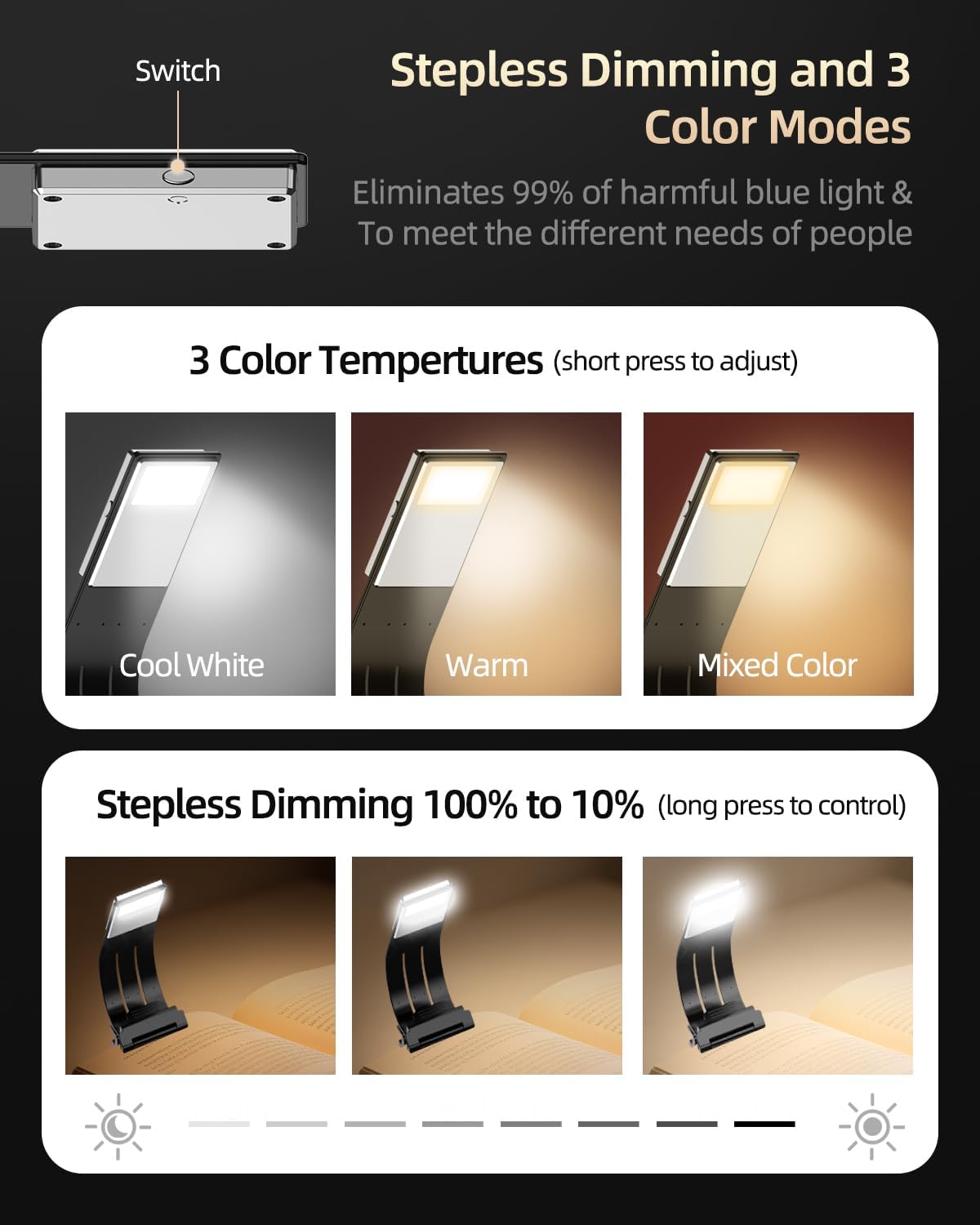 Bookmark Book Light, Clip on Book Lights for Reading at Night, Reading Lights for Books in Bed - Eyes, 8 LED with 3 Colors Temperatures & Stepless Dimming for Readers & Kids (Black)