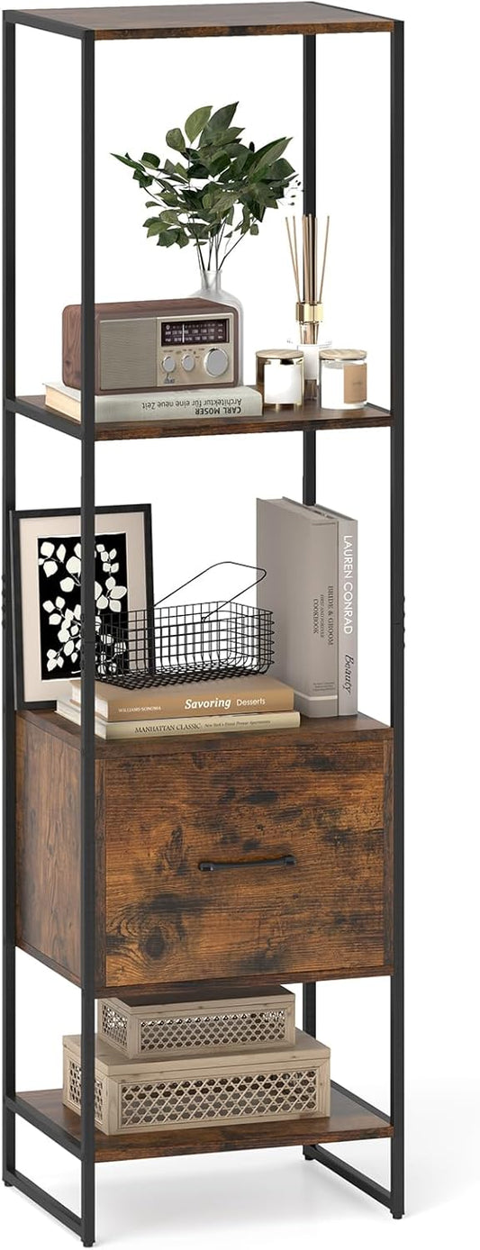 Giantex 5-Tier Bookshelf with Drawer, Narrow Bookcase w/Open Shelves & Metal Frame, Modern Storage Organizer Shelving Unit, Freestanding Display Rack for Bedroom Living Room (1,Rustic Brown+Black)