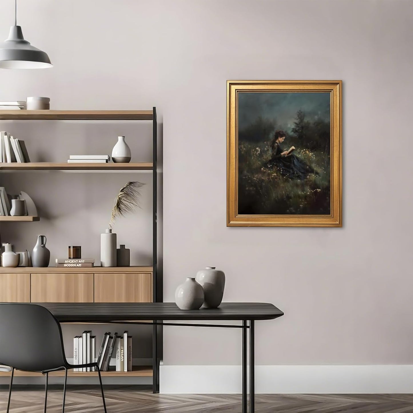 PMKXFGK Large Framed Wall Art Woman Reading in Field Poster Canvas Print Vintage Gothic Aesthetic Painting Dark Academic Pictures Wall Decor for Living Room Bedroom Apartment 24x36inch Golden Frame