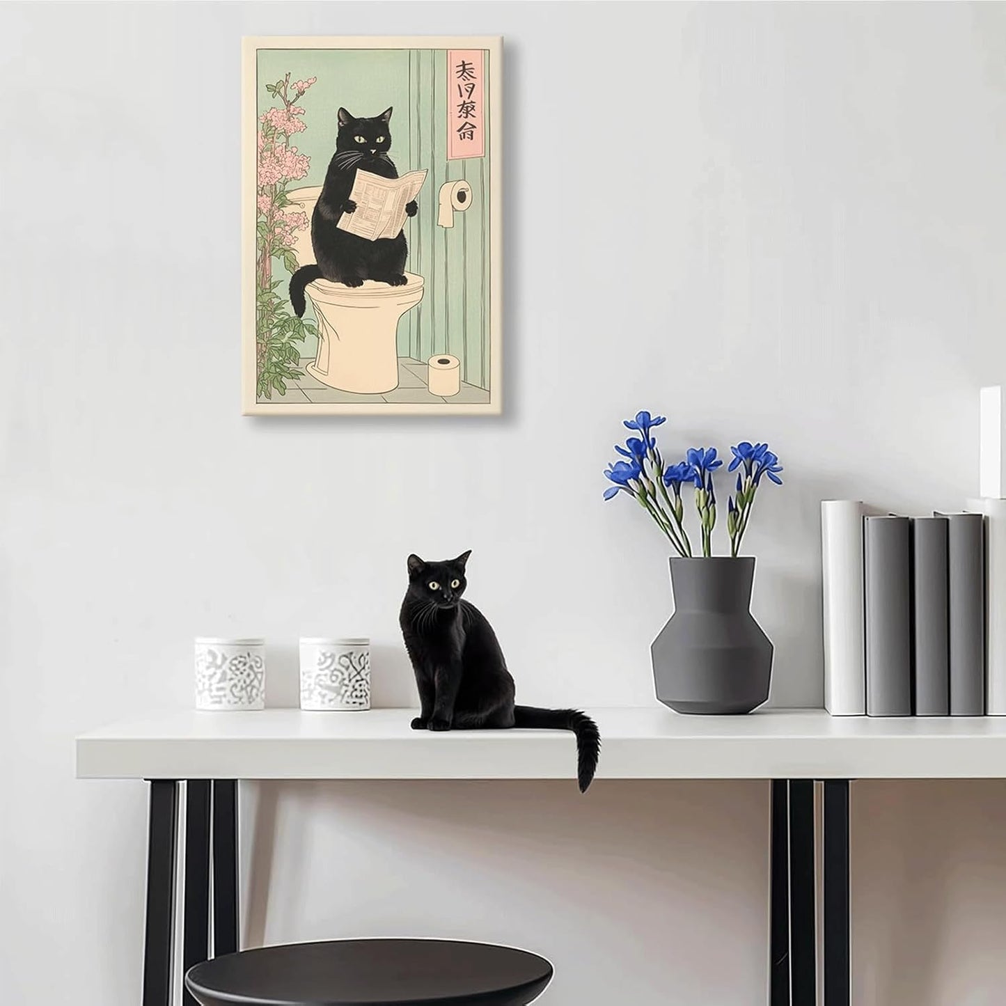COYIKC Japanese black cat on toilet Canvas Wall Art Funny bathroom print Toilet poster Japanese Cat Wall Decor Pictures Aesthetic Minimalism Artwork Neutral Painting Home Decoration,12x16in