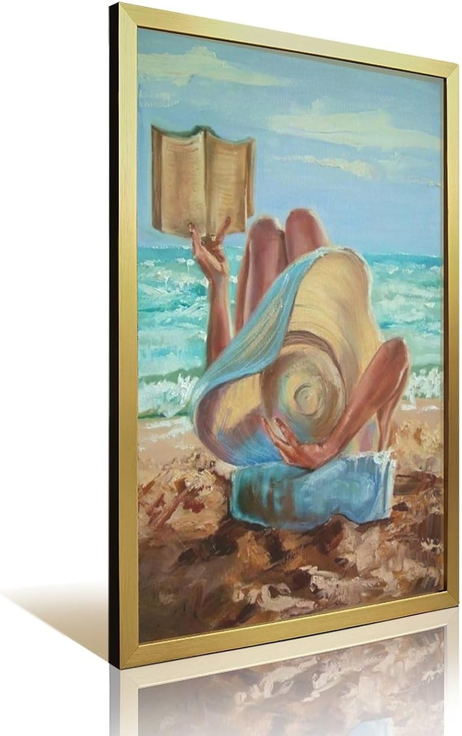 Rucatto Artistic Painting Poster of Woman Reading A Book on The Beach Wall Art Paintings Canvas Wall Decor Home Decor Living Room Decor Aesthetic 08x12inch(20x30cm) Golden-style