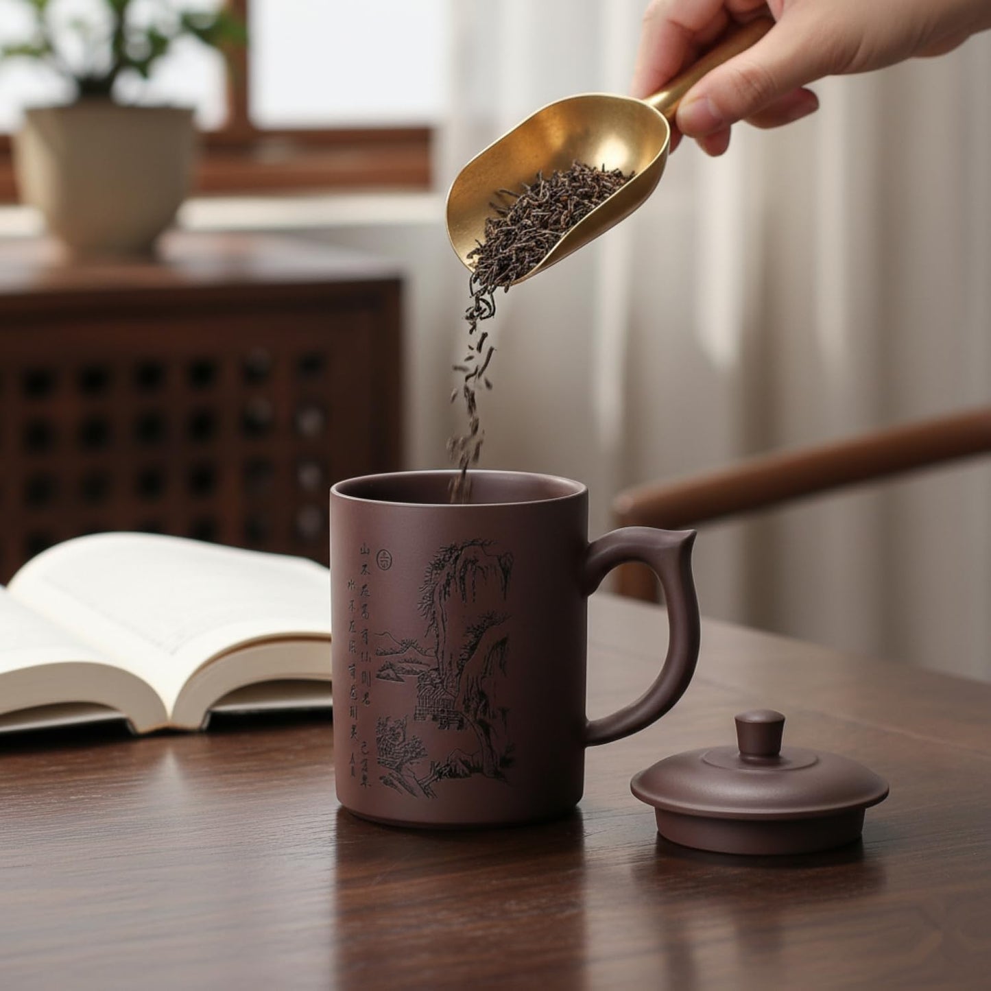 I-MART Chinese Tea Cup Purple Clay Mug with Lid 16 oz Yixing Style Kung Fu Teacup for Loose Leaf Tea Coffee Daily Use with Ergonomic Handle and Traditional Design