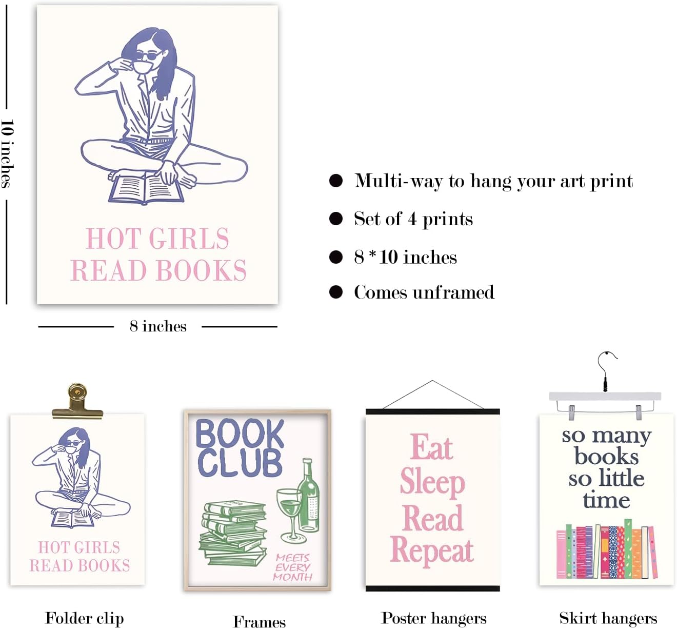 VIIJJUE Book Club Wall Art Decorations Prints Set of 4, Reading Gifts for Women, Book Lover Wall Decor for Home Reading Room Corner Nook Library, 8x10 Inches Unframed