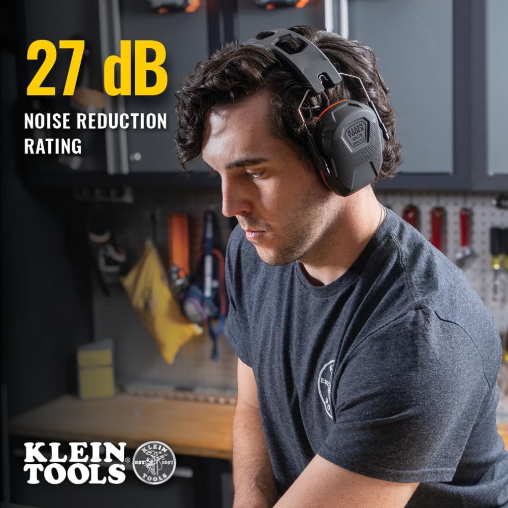 Klein Tools 60570 Hearing Protection Ear Muffs, NRR 27dB, Ultra-Slim Over-the-Head Adjustable Safety Earmuffs for Loud Jobsites