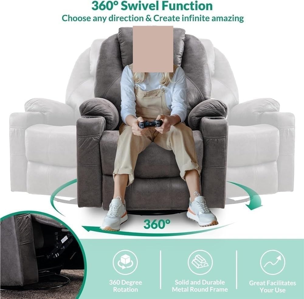Cozy Home Theater Recliner with Heat & Swivel – Rocker Glider Chair with Cup Holders, Side Pockets, and Easy-Recline for Living Room, Media Room, Nursery