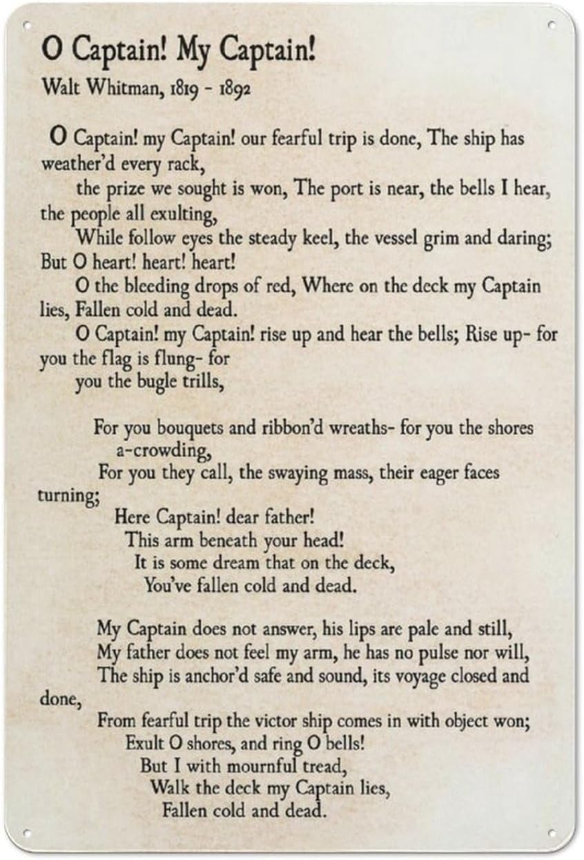 O Captain My Captain Walt Whitman Poetry Quote Metal Wall Decor 8x12 Inches Aluminum